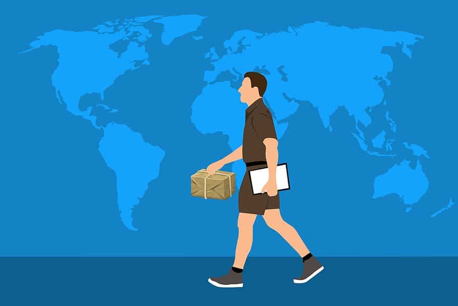 Illustration on world map with a delivery man
