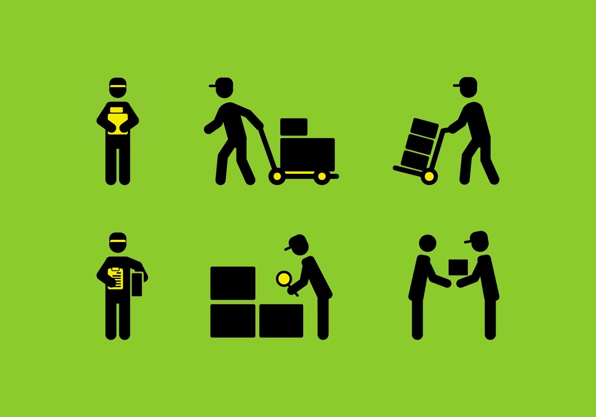 Illustration of a delivery man processing delivery icon in green background