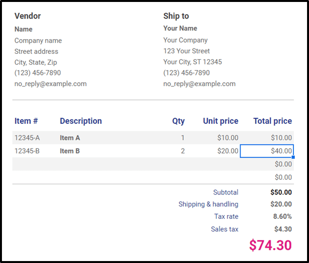 Screenshot of PO showing vendor details, items ordered and price calculation