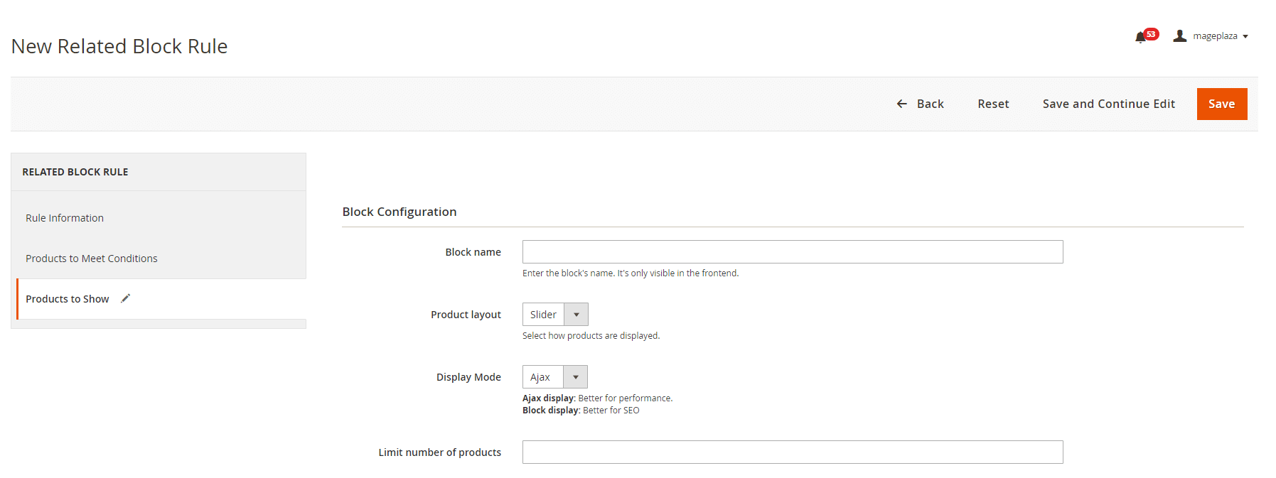 New related block rule product to show settings
