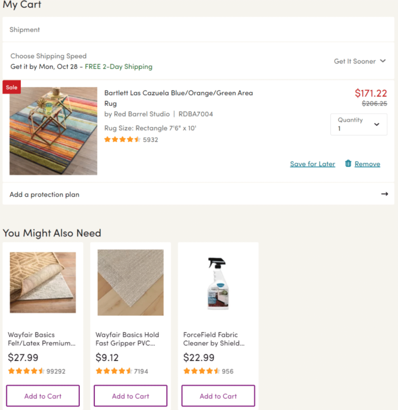 Online shopping cart item display